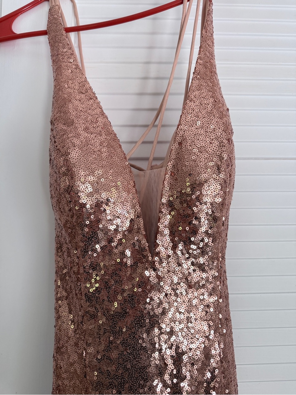 Dave & Johnny Rose Gold Sequin V-Neck Prom Dress